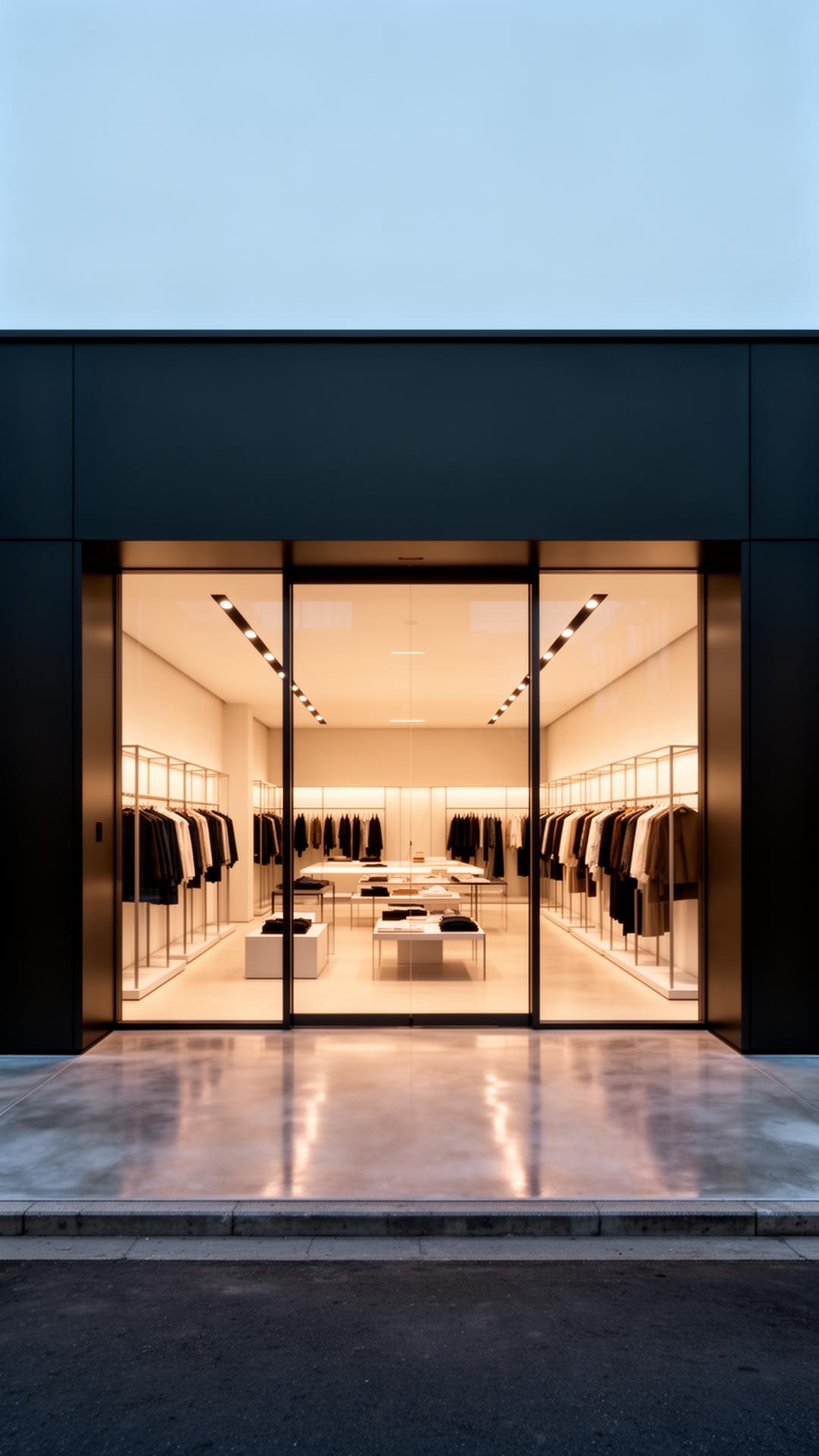 Loja modular premium ENVOK Store em Steel Frame com vitrines panorâmicas iluminadas